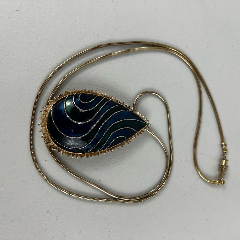 Vtg Marcel Boucher Le Couturier Gold Tone w/ Blue & Green Enamel Brooch Necklace - Picture 4 of 13